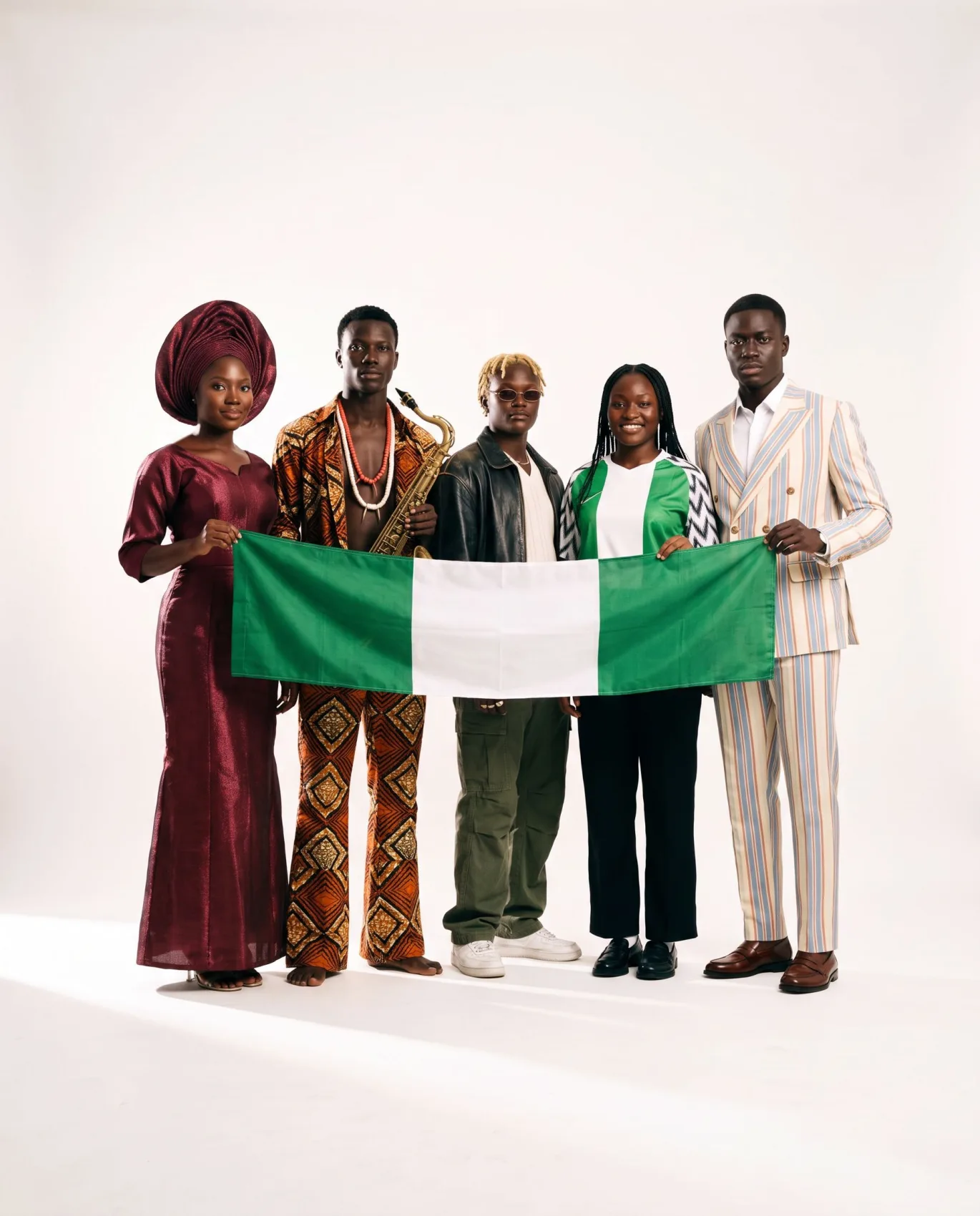 The five models from the show standing together on a white studio floor, holding a Nigerian flag across the front of the group