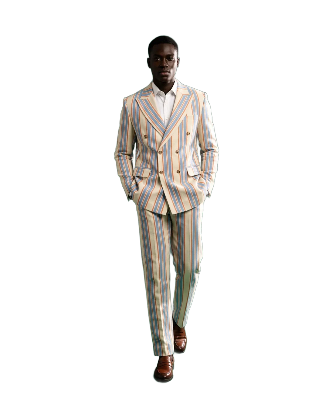 A man walking in a double-breasted suit of striped handwoven aso-oke